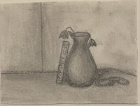 drawing of a book leaning against a vase
